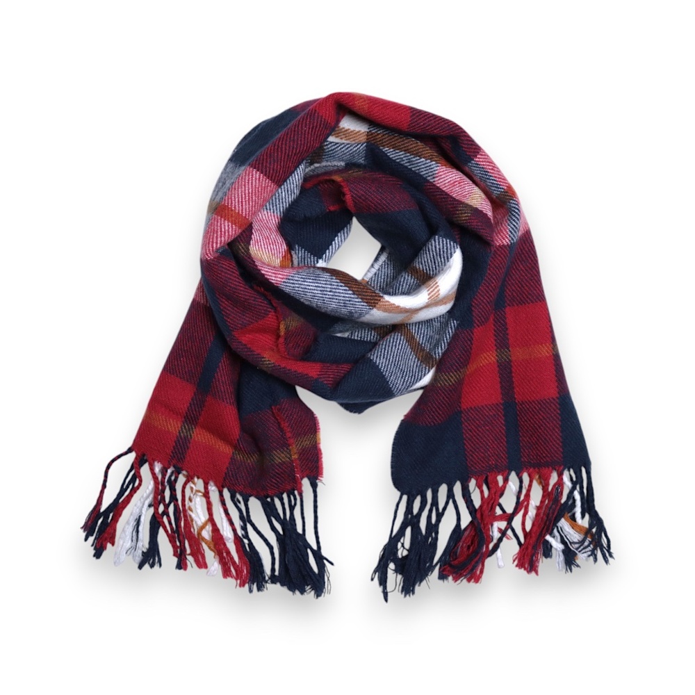 Old Navy Red Blue Plaid Tartan Winter Holiday Fringe Flannel Scarf One Size